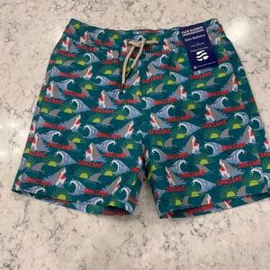Fair Harbor Boys' Teal Swim Trunks with Shark & Sunrise Print